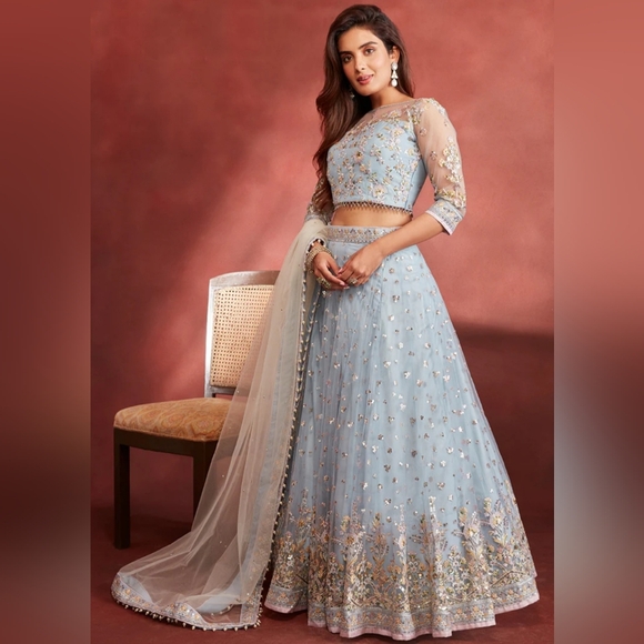 Lashkaraa Dusty Blue Embroidered Net Lehenga - Picture 1 of 9